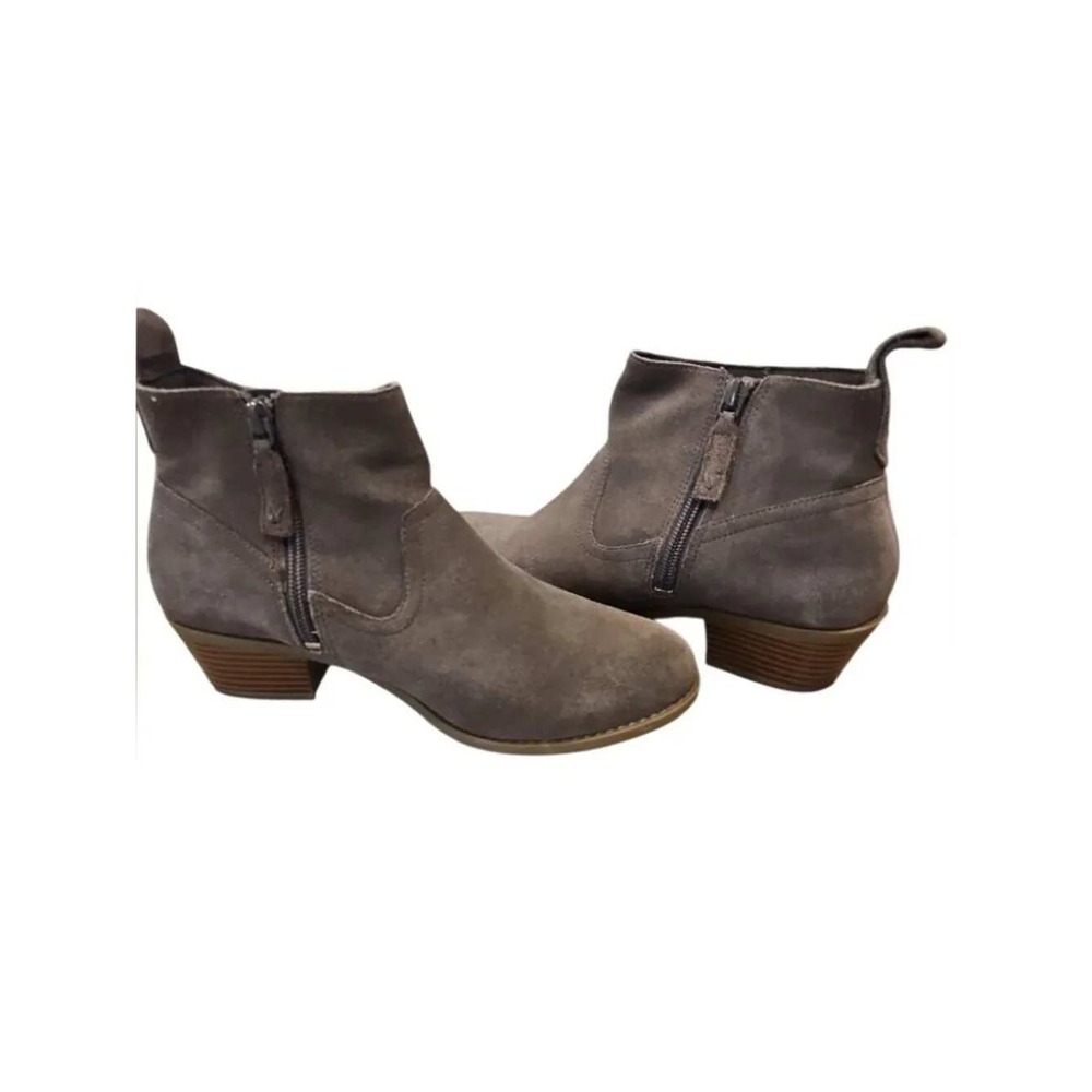 Vionic Vera Grey Suede Ankle Boots Side Zip Low Block Heel Womens 7 Wide